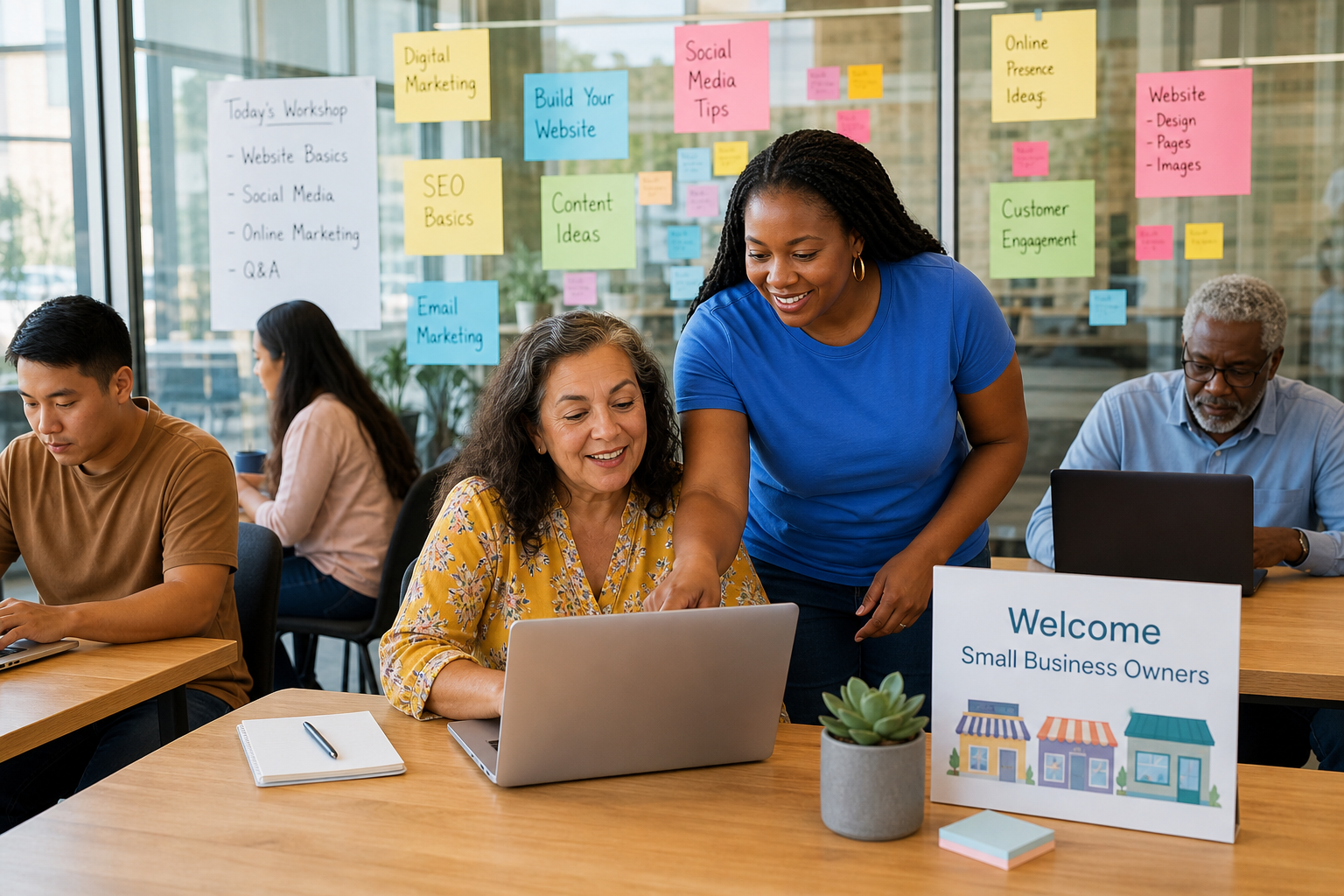 Instructor helping small-business owners during a community digital skills workshop